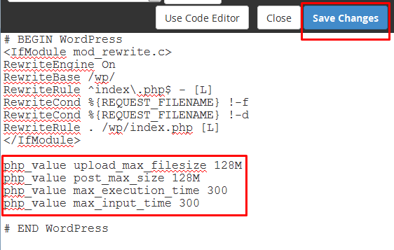 masukkan kode di file htaccess untuk menambah kapasitas upload wordpress