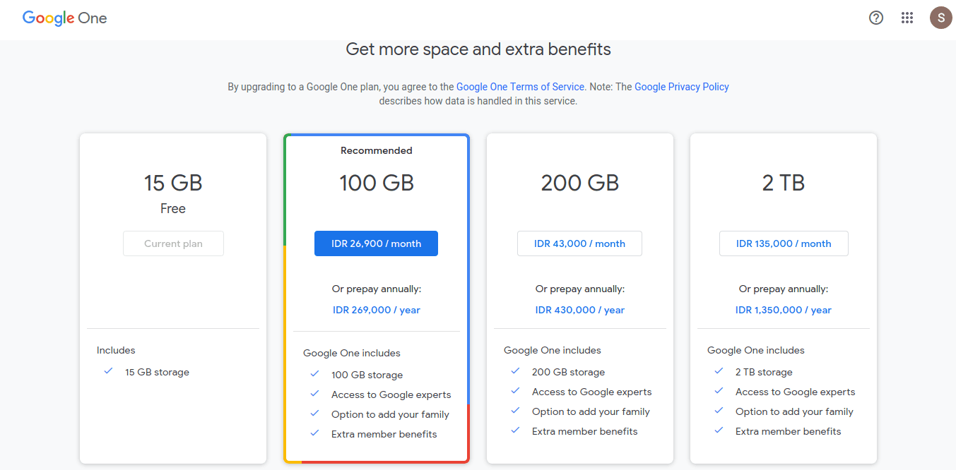 Pilihan upgrade storage gmail
