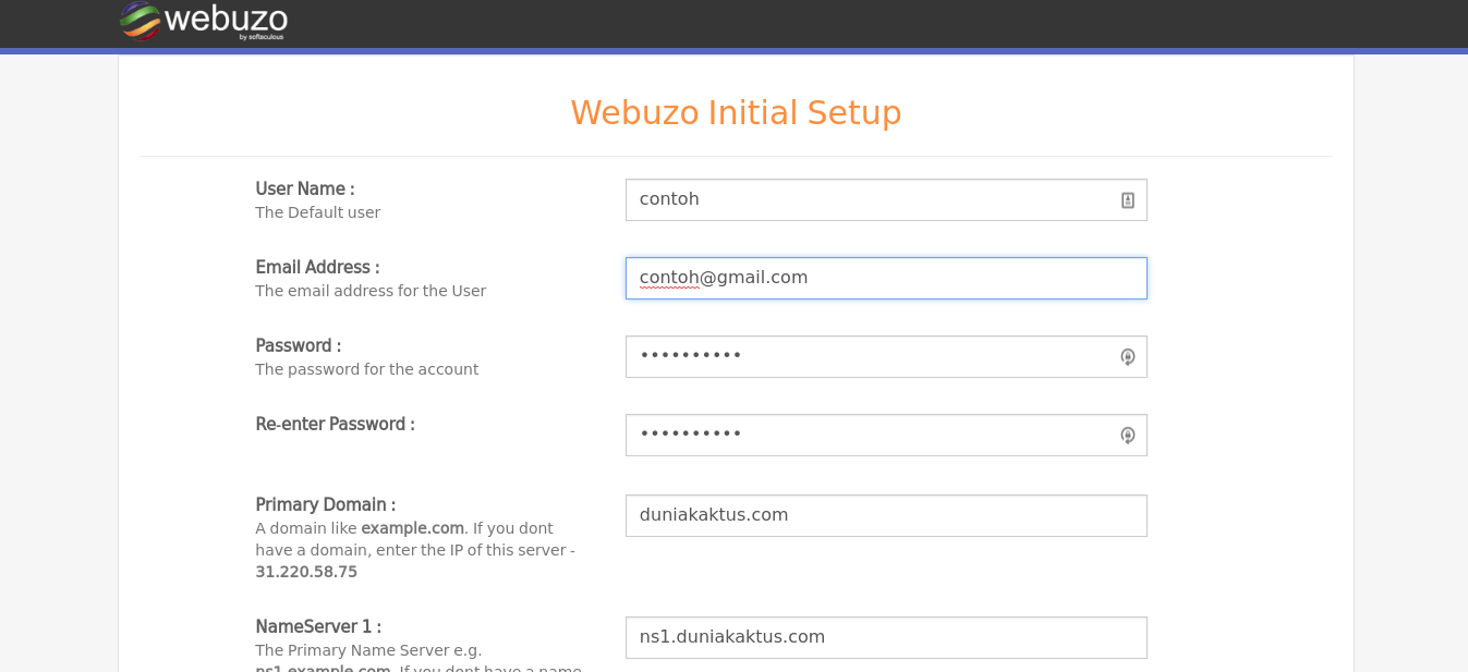 cara instal webuzo - initial setup 1
