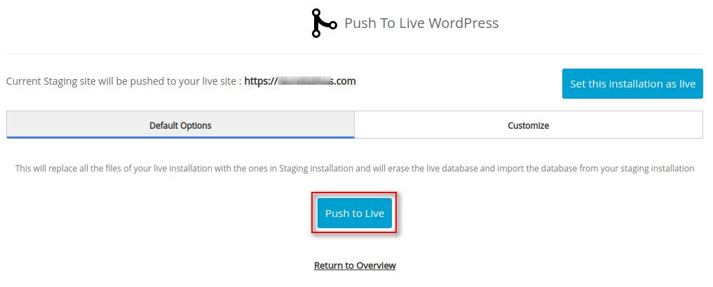 Konfigurasi Staging WordPress Softaculous - Push Installation to Live