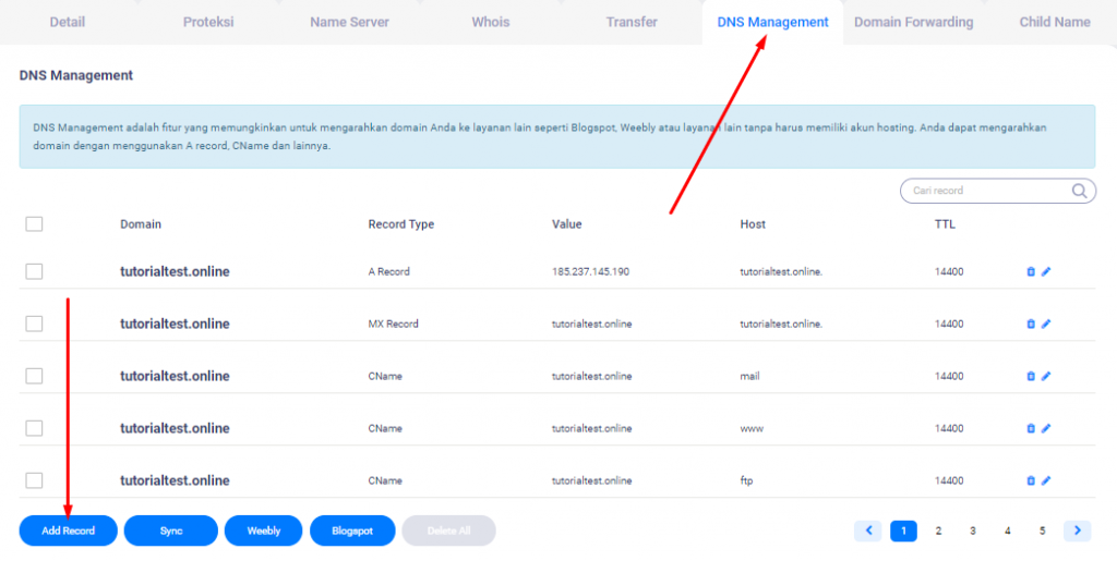 Tombol add record di DNS management Member Area Niagahoster