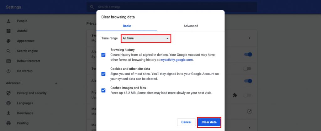 Pilihan rentang waktu di menu clear browsing data di Google Chrome