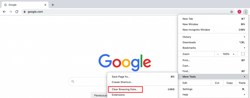 Menu clear browsing data di Google Chrome