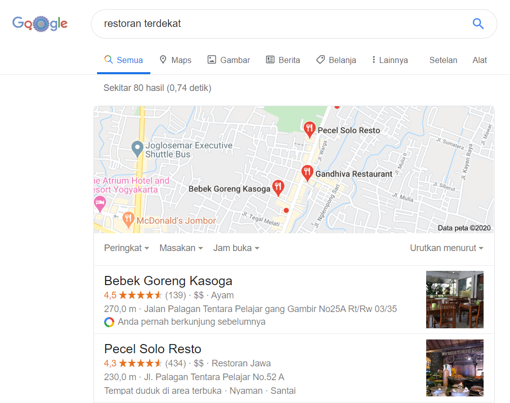 hasil pencarian restoran terdekat melalui local seo