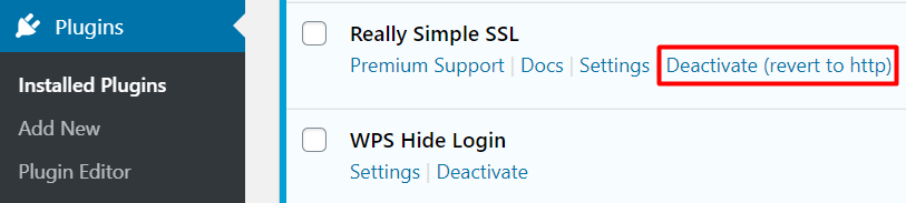 deactivate plugin really simple ssl