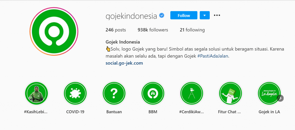 Contoh profil Instagram Bisnis dari Gojek