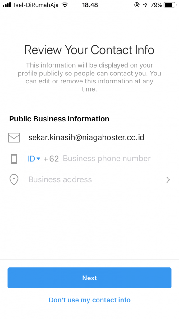 Cara membuat akun bisnis di instagram dengan mengisi data kontak. 
