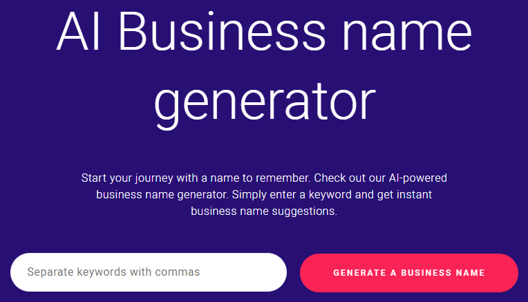 Halaman utama Zyro Business Name Generator