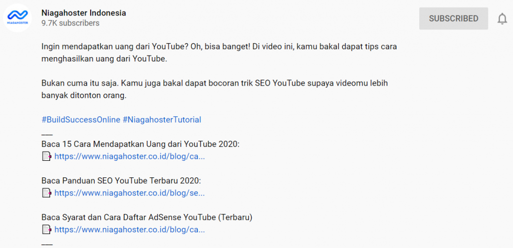 contoh deskripsi video di channel youtube niagahoster